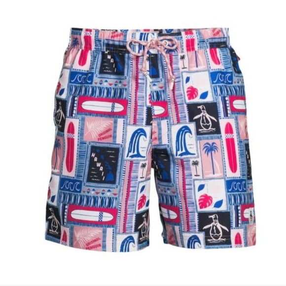 Penguin Drawstring Colorful Surfboard Print Swim Shorts Size XXL - Picture 1 of 12